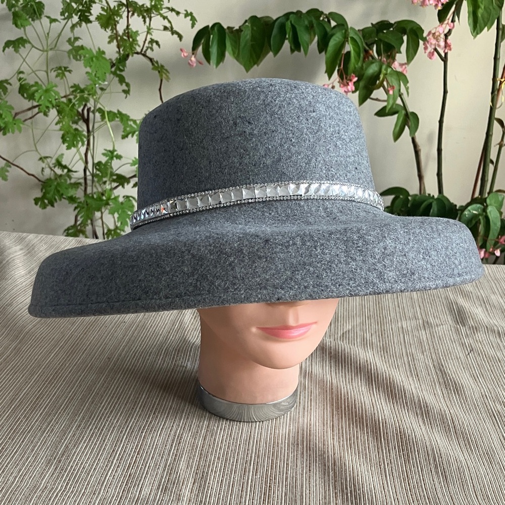 Elegant Gray Wool Wide-Brim Hat with Silver Rhinestone Band